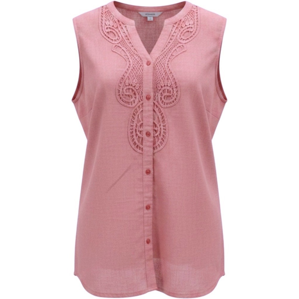 Coral Bay Womens Linen Blend Crochet Lace Sleeveless Button Front Top M
